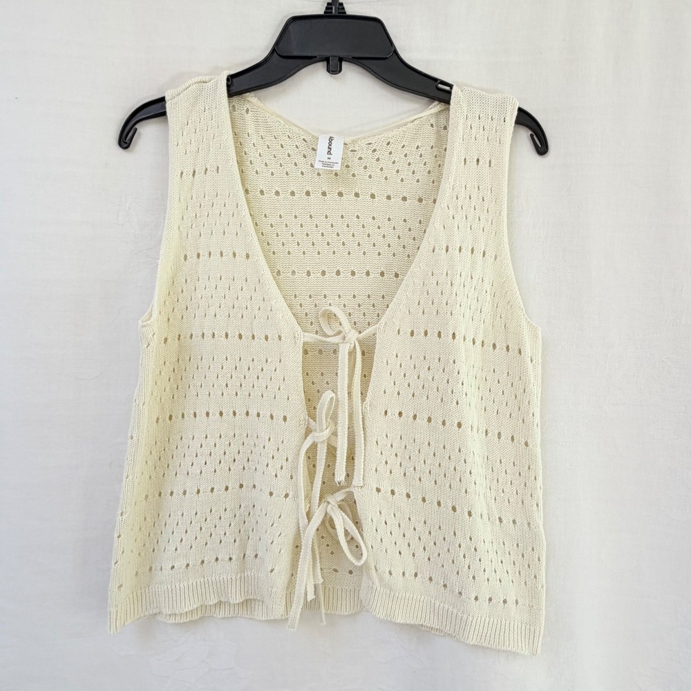 Abound Pointelle Knit Vest Womens Medium Cream Front Tie Cotton XX7502